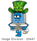 #23447 Clip Art Graphic Of A Desktop Computer Cartoon Character Wearing A Saint Patricks Day Hat With A Clover On It