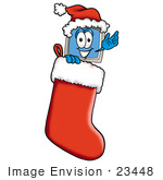 #23448 Clip Art Graphic Of A Desktop Computer Cartoon Character Wearing A Santa Hat Inside A Red Christmas Stocking