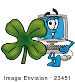 #23451 Clip Art Graphic Of A Desktop Computer Cartoon Character With A Green Four Leaf Clover On St Paddy’S Or St Patricks Day