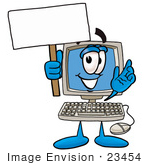 #23454 Clip Art Graphic Of A Desktop Computer Cartoon Character Holding A Blank Sign
