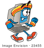 #23455 Clip Art Graphic Of A Desktop Computer Cartoon Character Speed Walking Or Jogging