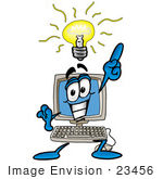 #23456 Clip Art Graphic of a Desktop Computer Cartoon Character With a Bright Idea by toons4biz