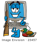 #23457 Clip Art Graphic Of A Desktop Computer Cartoon Character Duck Hunting Standing With A Rifle And Duck