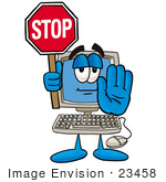 #23458 Clip Art Graphic Of A Desktop Computer Cartoon Character Holding A Stop Sign