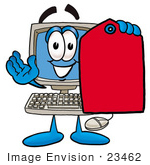 #23462 Clip Art Graphic Of A Desktop Computer Cartoon Character Holding A Red Sales Price Tag