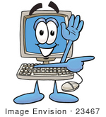 #23467 Clip Art Graphic Of A Desktop Computer Cartoon Character Waving And Pointing
