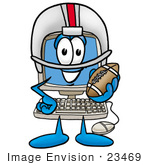#23469 Clip Art Graphic Of A Desktop Computer Cartoon Character In A Helmet Holding A Football