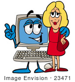 #23471 Clip Art Graphic Of A Desktop Computer Cartoon Character Talking To A Pretty Blond Woman
