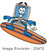 #23472 Clip Art Graphic Of A Desktop Computer Cartoon Character Surfing On A Blue And Orange Surfboard