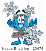 #23476 Clip Art Graphic Of A Desktop Computer Cartoon Character With Three Snowflakes In Winter