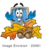 #23481 Clip Art Graphic Of A Desktop Computer Cartoon Character With Autumn Leaves And Acorns In The Fall