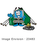 #23483 Clip Art Graphic Of A Desktop Computer Cartoon Character Camping With A Tent And Fire