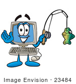 #23484 Clip Art Graphic Of A Desktop Computer Cartoon Character Holding A Fish On A Fishing Pole