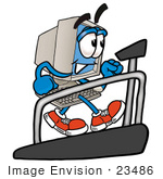 #23486 Clip Art Graphic Of A Desktop Computer Cartoon Character Walking On A Treadmill In A Fitness Gym