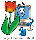 #23488 Clip Art Graphic Of A Desktop Computer Cartoon Character With A Red Tulip Flower In The Spring