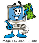 #23489 Clip Art Graphic Of A Desktop Computer Cartoon Character Holding A Dollar Bill