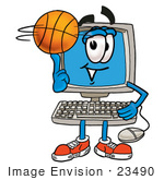 #23490 Clip Art Graphic Of A Desktop Computer Cartoon Character Spinning A Basketball On His Finger