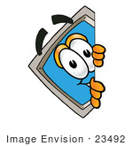 #23492 Clip Art Graphic Of A Desktop Computer Cartoon Character Peeking Around A Corner