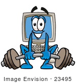 #23495 Clip Art Graphic of a Desktop Computer Cartoon Character Lifting a Heavy Barbell by toons4biz