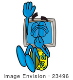 #23496 Clip Art Graphic Of A Desktop Computer Cartoon Character Plugging His Nose While Jumping Into Water