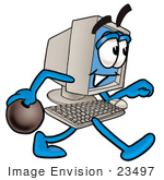 #23497 Clip Art Graphic Of A Desktop Computer Cartoon Character Holding A Bowling Ball