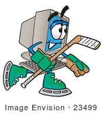 #23499 Clip Art Graphic Of A Desktop Computer Cartoon Character Playing Ice Hockey