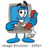 #23501 Clip Art Graphic Of A Desktop Computer Cartoon Character Holding A Telephone