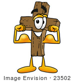 #23502 Clip Art Graphic Of A Wooden Cross Cartoon Character Flexing His Arm Muscles