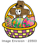 #23503 Clip Art Graphic Of A Wooden Cross Cartoon Character In An Easter Basket Full Of Decorated Easter Eggs