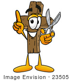 #23505 Clip Art Graphic Of A Wooden Cross Cartoon Character Holding A Pair Of Scissors