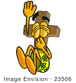 #23506 Clip Art Graphic Of A Wooden Cross Cartoon Character Plugging His Nose While Jumping Into Water