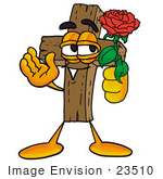 #23510 Clip Art Graphic Of A Wooden Cross Cartoon Character Holding A Red Rose On Valentines Day
