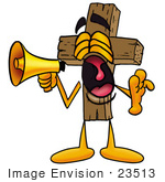 #23513 Clip Art Graphic Of A Wooden Cross Cartoon Character Screaming Into A Megaphone