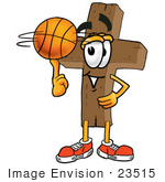 #23515 Clip Art Graphic Of A Wooden Cross Cartoon Character Spinning A Basketball On His Finger