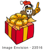 #23516 Clip Art Graphic Of A Wooden Cross Cartoon Character Standing By A Christmas Present