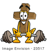 #23517 Clip Art Graphic Of A Wooden Cross Cartoon Character Lifting A Heavy Barbell