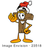 #23518 Clip Art Graphic Of A Wooden Cross Cartoon Character Wearing A Santa Hat And Waving