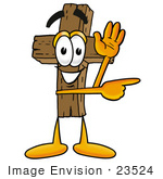 #23524 Clip Art Graphic Of A Wooden Cross Cartoon Character Waving And Pointing