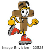 #23528 Clip Art Graphic Of A Wooden Cross Cartoon Character Roller Blading On Inline Skates