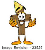 #23529 Clip Art Graphic Of A Wooden Cross Cartoon Character Wearing A Birthday Party Hat