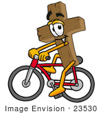 #23530 Clip Art Graphic Of A Wooden Cross Cartoon Character Riding A Bicycle