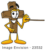 #23532 Clip Art Graphic of a Wooden Cross Cartoon Character Holding a Pointer Stick by toons4biz