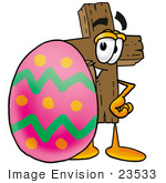 #23533 Clip Art Graphic of a Wooden Cross Cartoon Character Standing Beside an Easter Egg by toons4biz