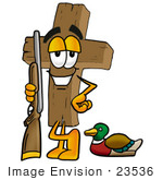 #23536 Clip Art Graphic Of A Wooden Cross Cartoon Character Duck Hunting Standing With A Rifle And Duck