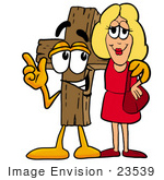 #23539 Clip Art Graphic Of A Wooden Cross Cartoon Character Talking To A Pretty Blond Woman