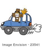 #23541 Clip Art Graphic Of A Wooden Cross Cartoon Character Driving A Blue Car And Waving
