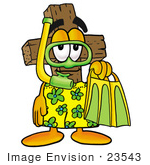 #23543 Clip Art Graphic Of A Wooden Cross Cartoon Character In Green And Yellow Snorkel Gear