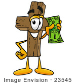 #23545 Clip Art Graphic Of A Wooden Cross Cartoon Character Holding A Dollar Bill