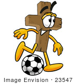 #23547 Clip Art Graphic Of A Wooden Cross Cartoon Character Kicking A Soccer Ball