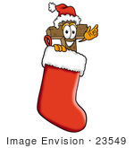 #23549 Clip Art Graphic Of A Wooden Cross Cartoon Character Wearing A Santa Hat Inside A Red Christmas Stocking